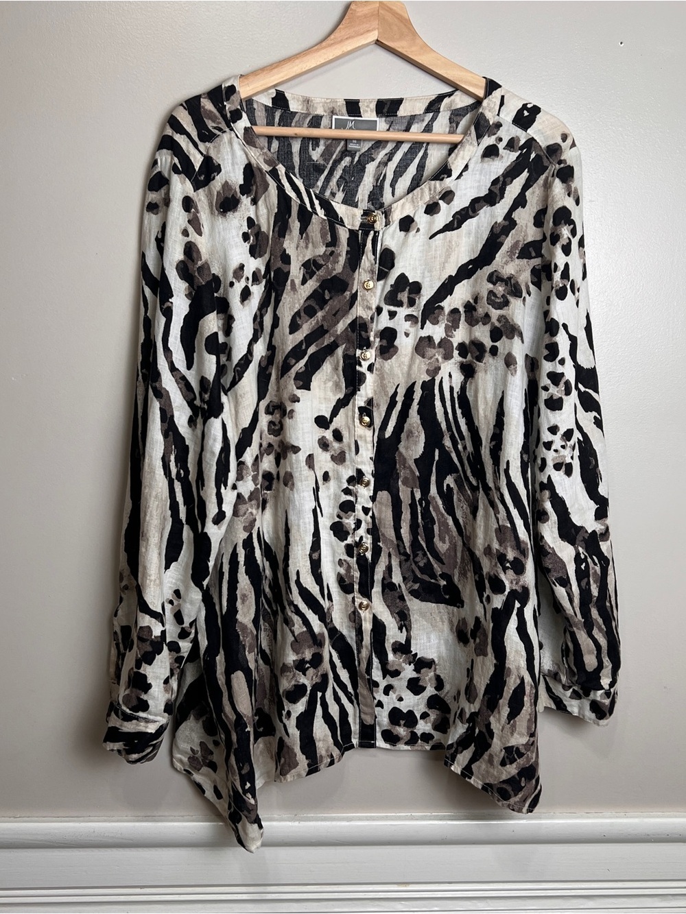 JM Collection Women's 100% Linen Sz 16 Leopard Print Button Up Blouse, EUC